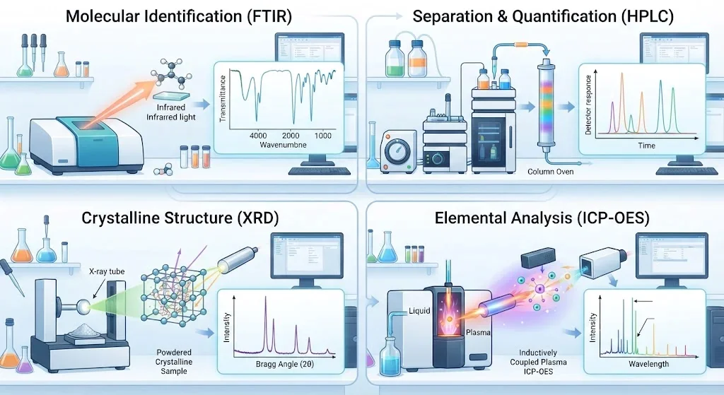 راهنمای انتخاب بهترین روشهای آنالیز مواد شیمیایی؛ از FTIR و HPLC تا XRD و ICP-OES